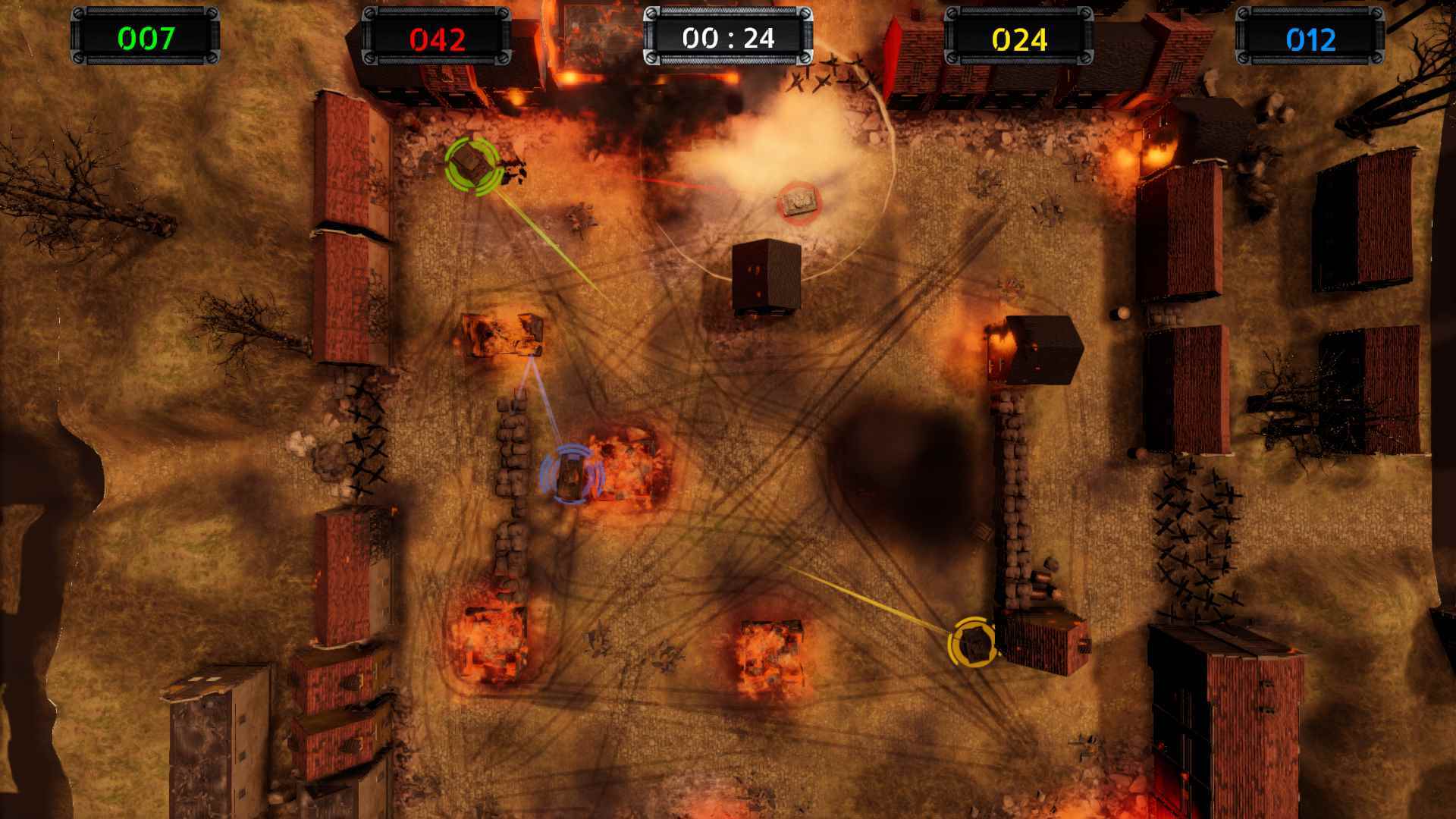 Dört tankın çarpışmasını gösteren bir Armor of Heroes karşılaşmasının ekran görüntüsü
