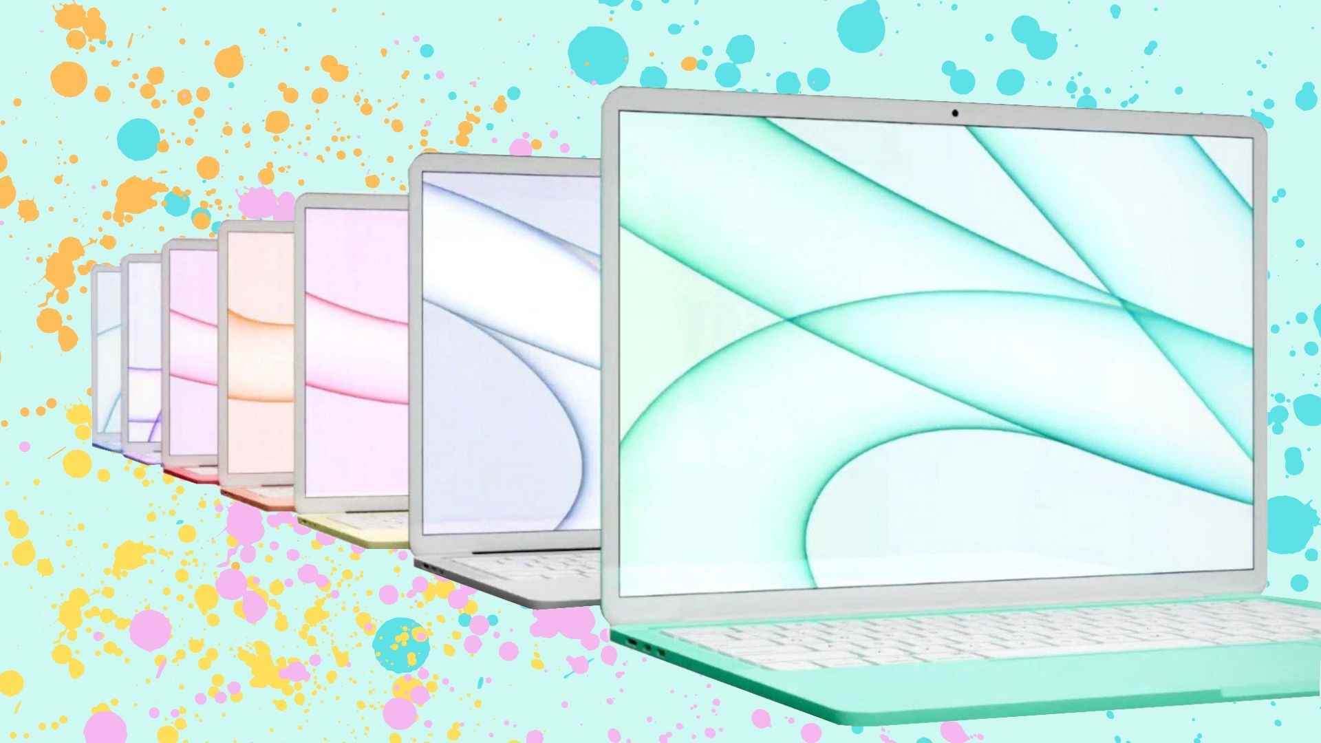 MacBook Air (2022) dizüstü bilgisayar renkli bir dizide gelir.  Sıçrayan, pastel bir zemine karşı burada gösteriliyor