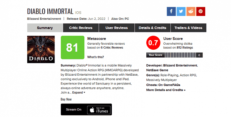Kullanıcılar Diablo Immortal'ın Metacritic puanını 