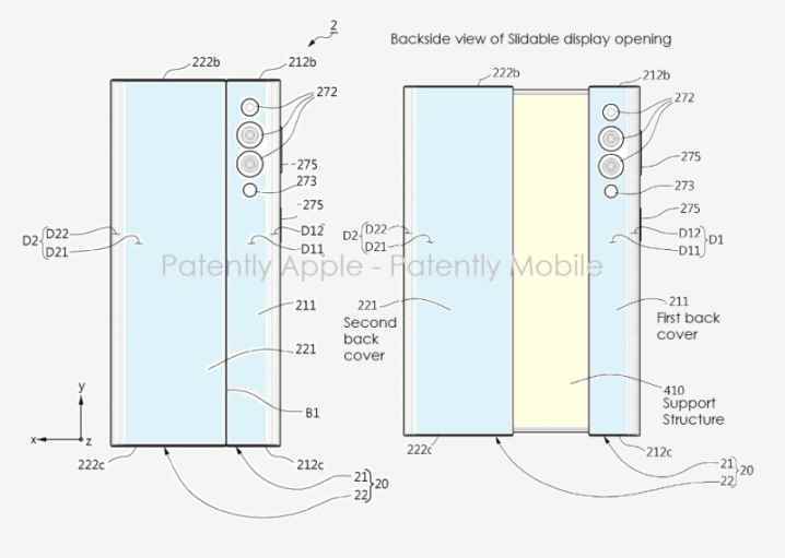 Yuvarlanabilir bir akıllı telefon tasarımını gösteren bir Samsung patenti.