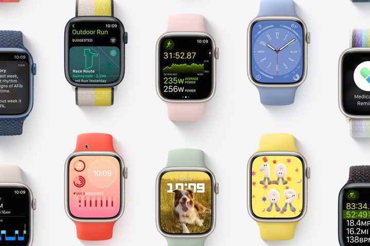Yeni Watch OS 9 özelliklerini ve ekranlarını gösteren çeşitli Apple Saatleri.