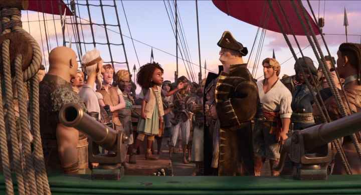 The Inevitable gemisinin kaptanı ve mürettebatı, The Sea Beast filminden bir sahnede kaçak yolcu Maisie'ye bakıyor.