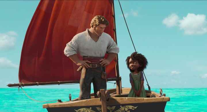 Canavar avcısı Jacob ve genç kaçak yolcu Maisie, Deniz Canavarı'ndan bir sahnede küçük bir kayıkta birbirlerine bakıyorlar.