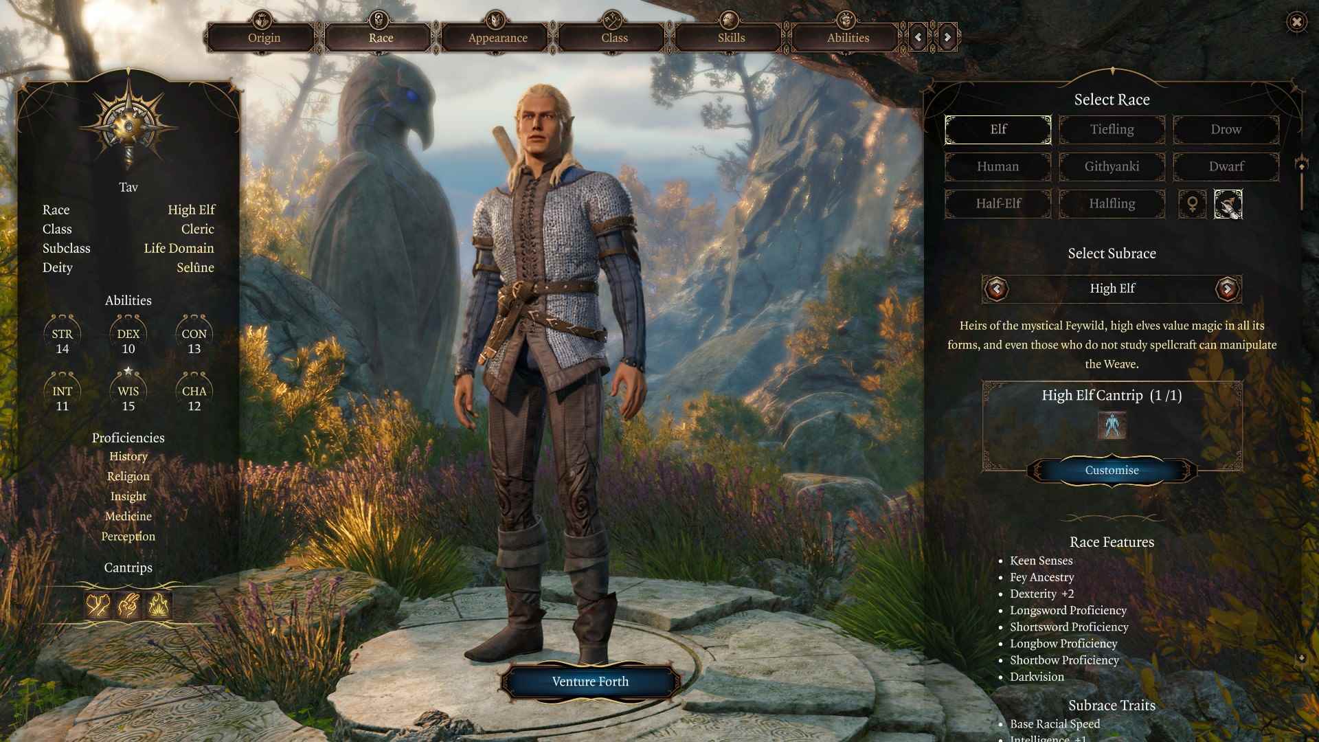 Baldur's Gate 3 yarışları - karakter oluşturma ekranında açık renkli zırh ve koyu pantolon giyen bir Elf.