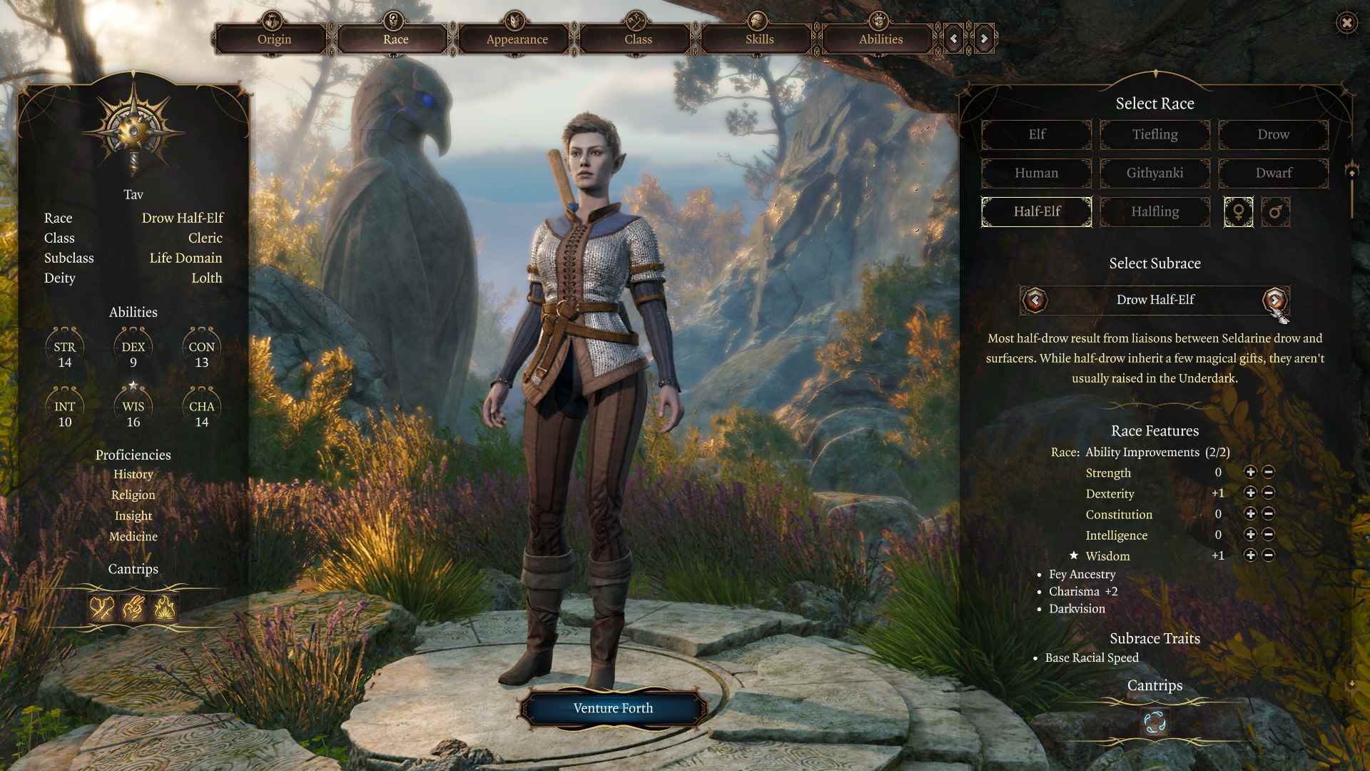 Baldur's Gate 3 yarışları - karakter oluşturma ekranında parlak bir ceket ve koyu kahverengi pantolon ve bot giyen bir Drow Half-Elf.