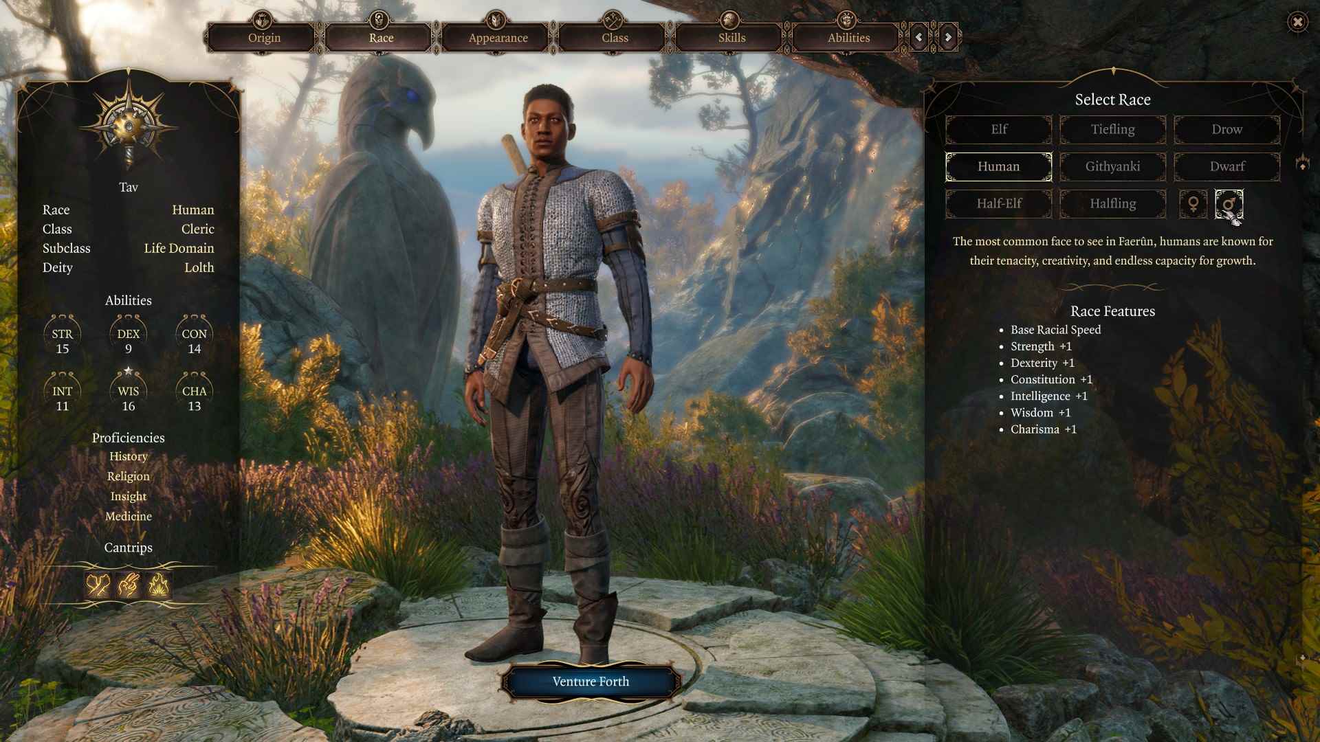 Baldur's Gate 3 yarışları - karakter oluşturma ekranında gri bir ceket ve kahverengi pantolon giyen bir İnsan.
