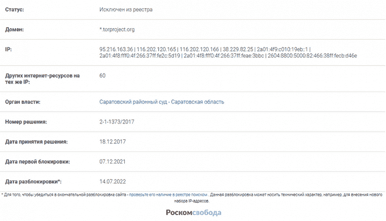 Roskomnadzor, Tor'un engellemesini kaldırdı ve proje web sitesinden kısıtlamaları kaldırdı