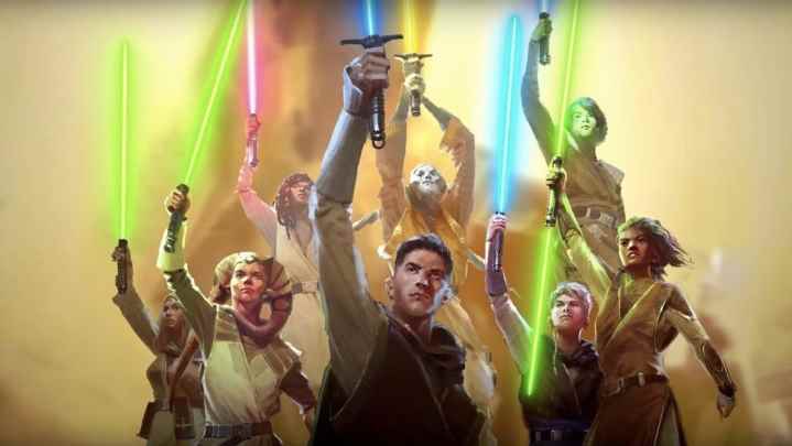 High Republic promosyon sanatında ışın kılıçlarını kaldıran bir grup Jedi.