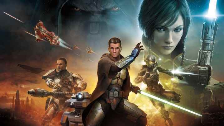 The Old Republic MMORPG için promosyon sanatında Star Wars karakterlerinden oluşan bir kolaj.