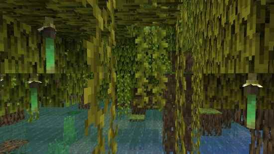 Bir Mangrov ağacının altında asılı Minecraft Mangrov propagülleri