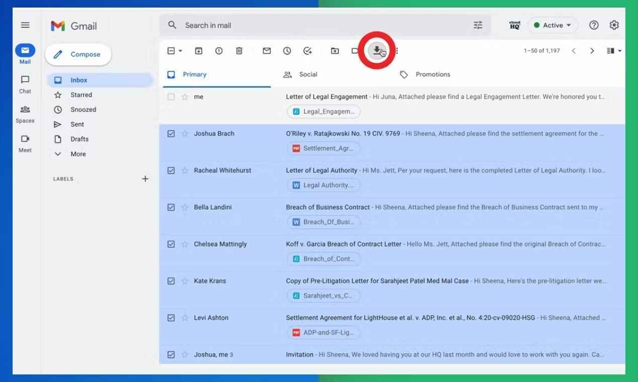 cloudhq uzantısı okunun daire içine alındığı bir gmail posta kutusunun ekran görüntüsü