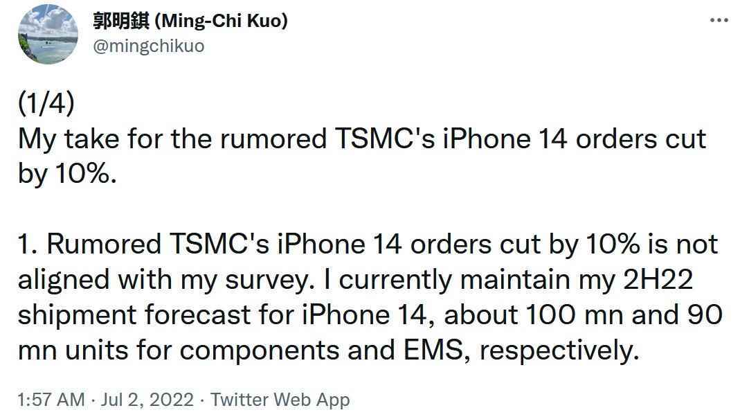 Kuo, tedarik zinciri anketinin %10 iPhone 14 sipariş kesintisi göstermediğini belirterek Digitimes ile çelişiyor - En iyi analist iPhone 14 siparişlerinde %10 kesinti konuşulduğunu reddediyor