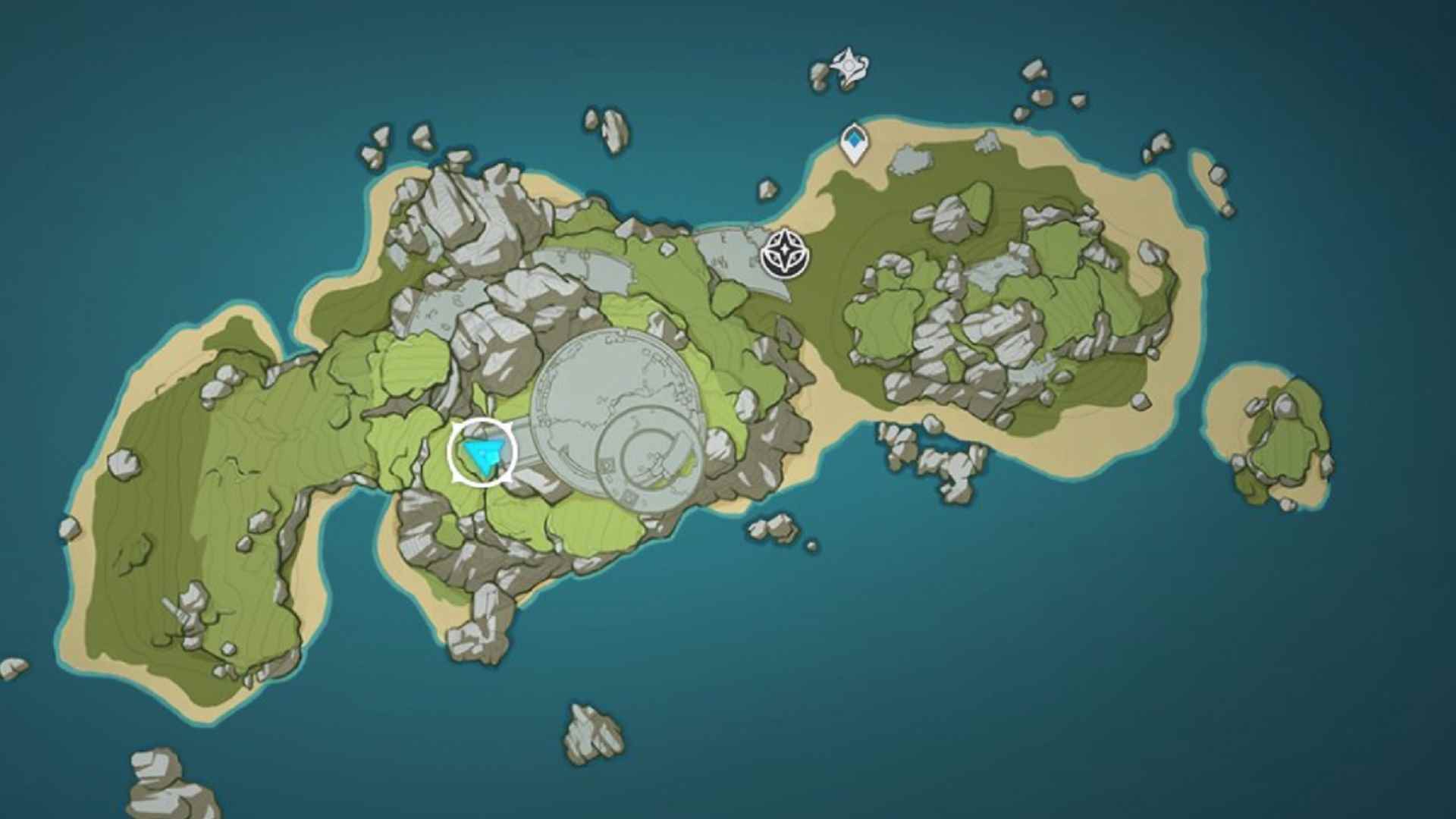 Genshin Impact Starlight Coalescence'ı bulacağınız Minacious Isle'ın yukarıdan aşağıya haritası