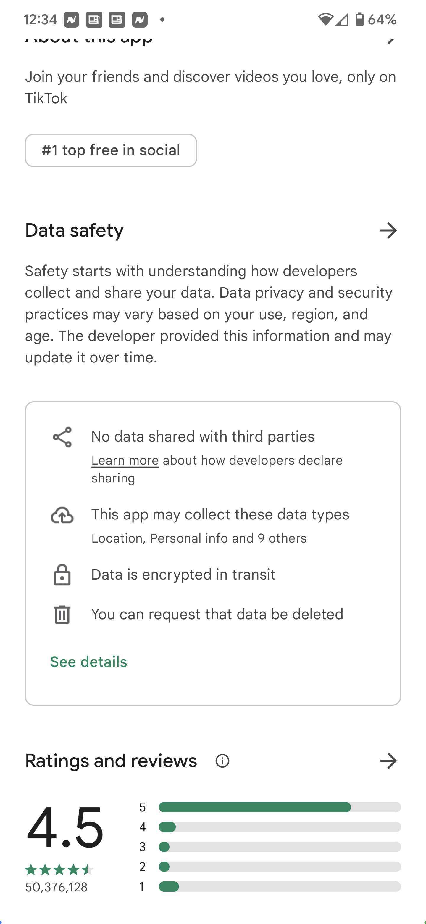TikTok için Google Play Store'daki Veri güvenliği listesi - Google, Android uygulama geliştiricilerinin 20 Temmuz'a kadar Veri güvenliği bilgilerini teslim etmesini istiyor