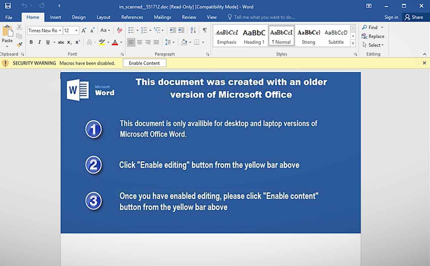 IRS temalı kötü amaçlı yazılım kampanyasının bir parçası olarak katıştırılmış kötü amaçlı makrolar içeren bir Microsoft Word belgesinin ekran görüntüsü.