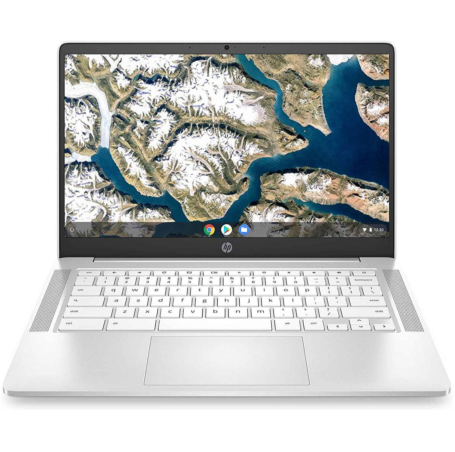 Beyaz bir zemine karşı bir HP Chromebook 14