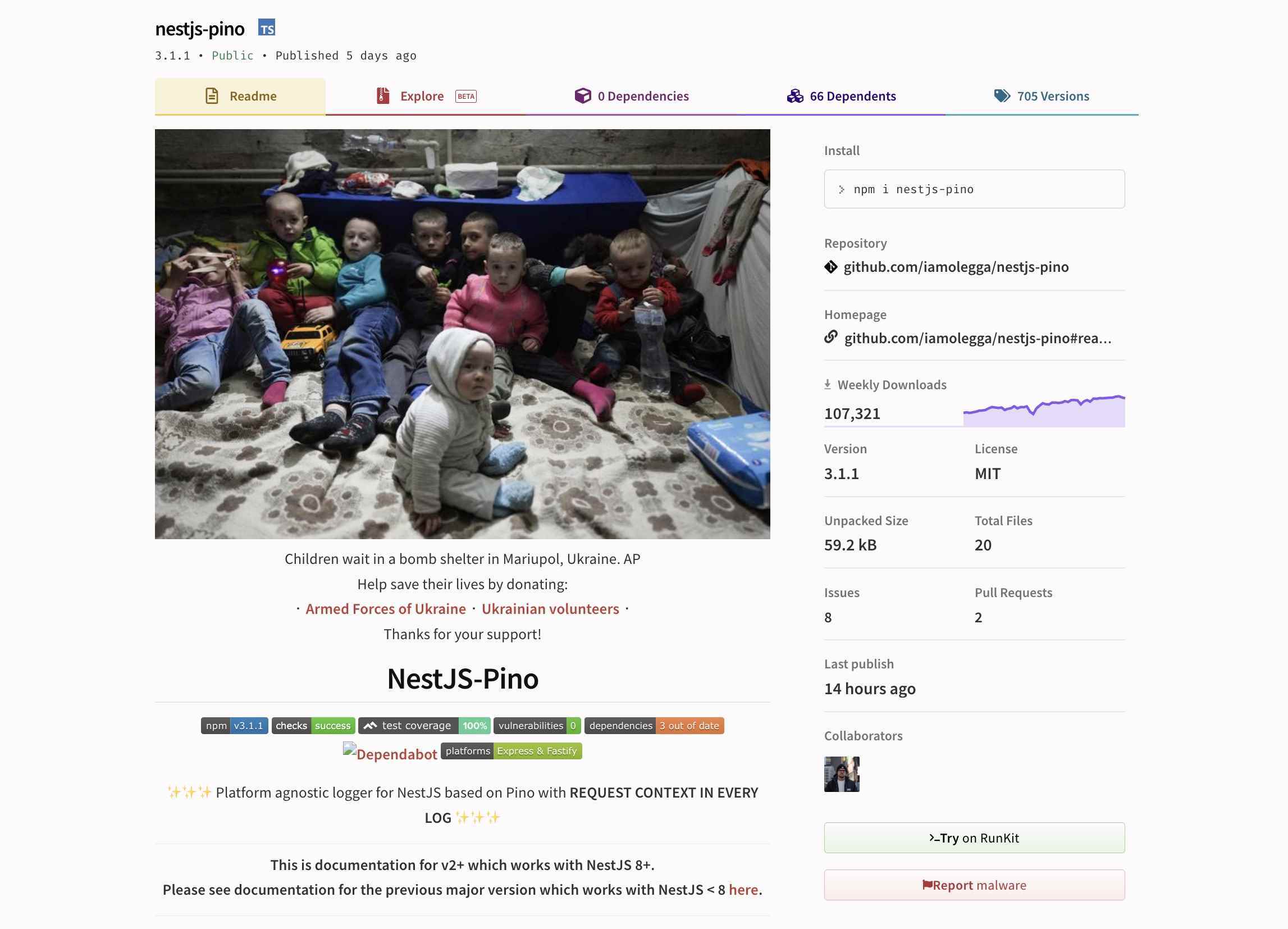 npm'deki nestjs-pino projesinin ekran görüntüsü, savaş zamanındaki Ukrayna'nın bir fotoğrafını şu başlıkla gösteriyor: "Ukrayna'da Savaş Çocuklar Ukrayna'nın Mariupol kentinde bir sığınakta bekliyor."