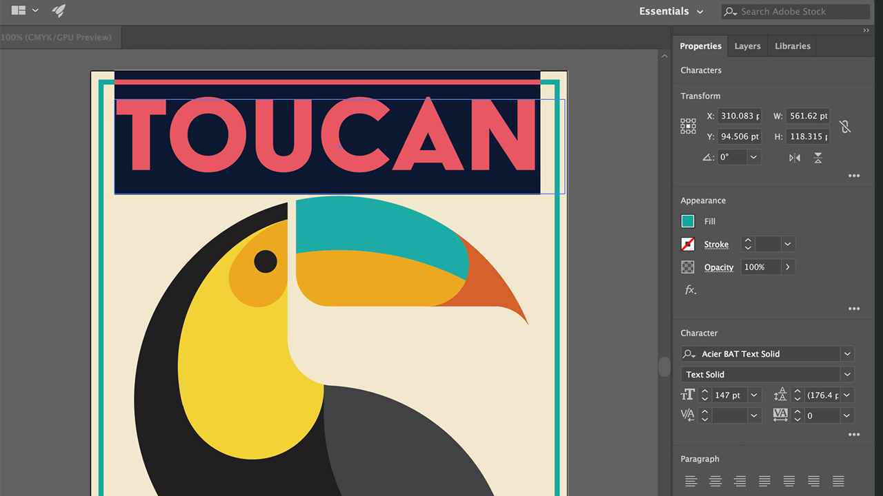 Adobe Illustrator'ın stilize edilmiş bir Toucan'ı gösteren kullanıcı arabirimi