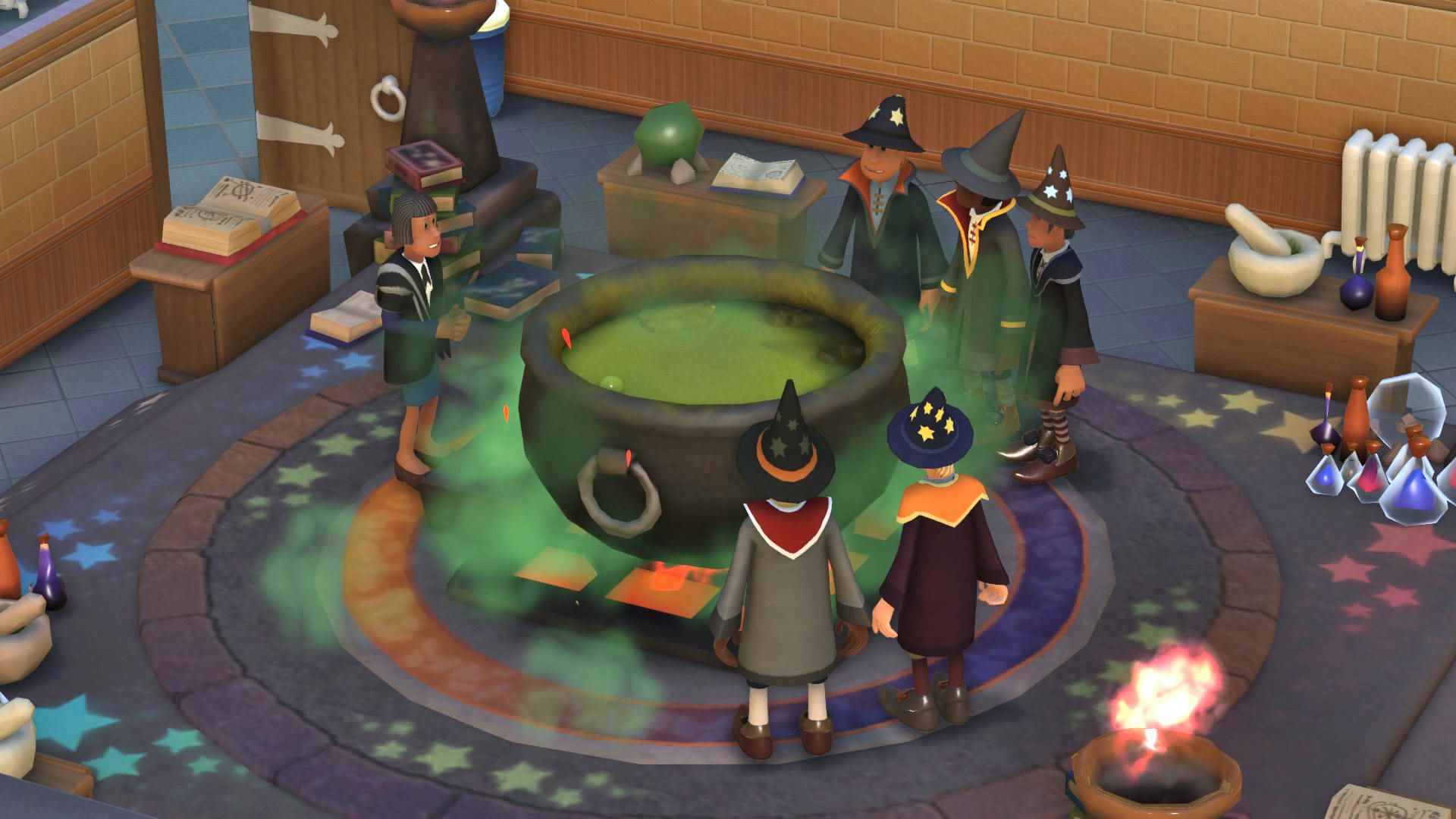 Two Point Campus incelemesi: bir grup sihirbaz ve öğretmenleri, yeşil gaz püskürten bir kazanın üzerinde duruyor.