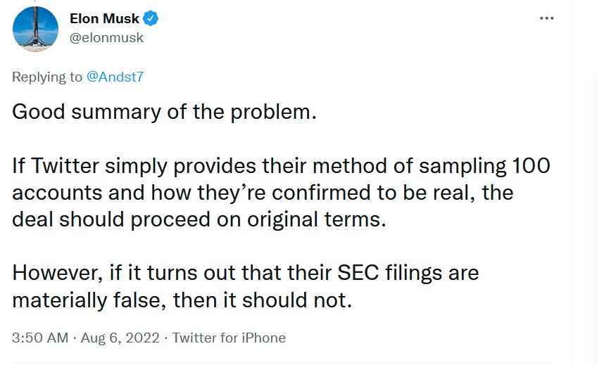 Musk tarafından bugün yayınlanan tweet, anlaşmanın tamamlanabileceği konusunda biraz umut veriyor - Musk, bu şartla Twitter'ı satın almaya hala istekli