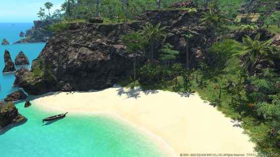 FFXIV Island Sanctuary: Kıyıda küçük bir tekne ile adada tropikal bir plaj