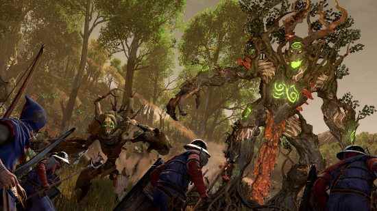 Warhammer 3 Immortal Empires fraksiyonları: İmparatorluk askerleri bir orman elfi treantına koşar