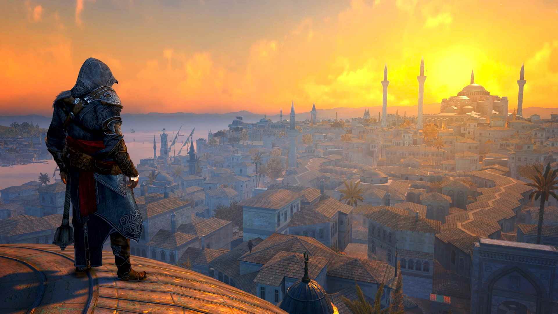 Red Dead Redemption 2, Assassin's Creed'den daha iyi bir tarih oyunudur.  Beyaz cüppeli bir suikastçı, ufuk çizgisine bakan yüksek bir binada duruyor.