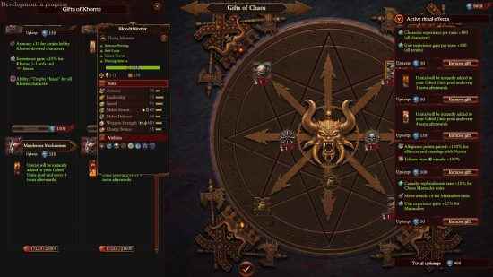 Total War Warhammer 3 Immortal Empires, Kaos nimet menüsünün hediyelerini gösteriyor