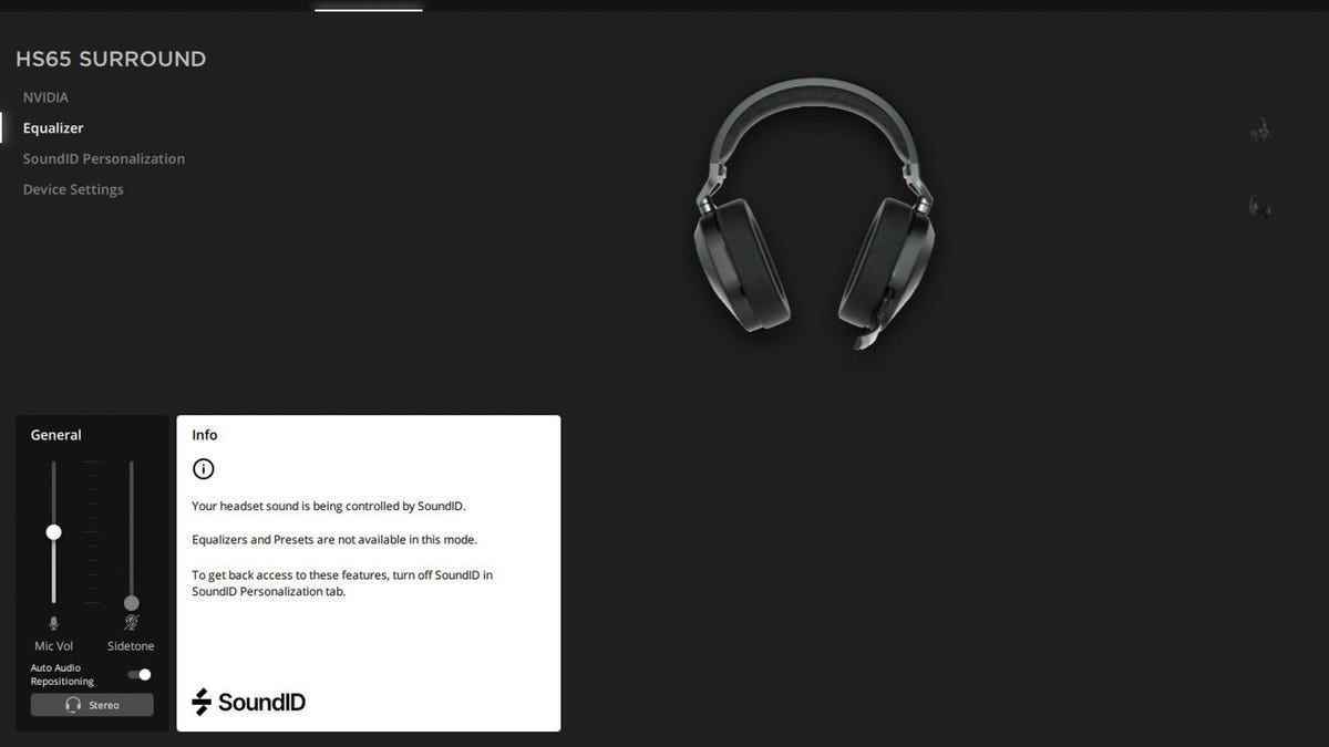 iCUE masaüstü uygulamasında Corsair HS65 Surround kulaklık ses ayarlarının ekran görüntüsü