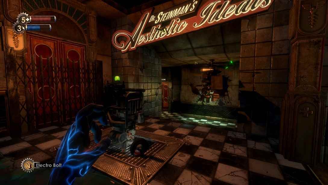 Plazmit gücüyle donatılmış oyuncu karakterini gösteren BioShock oynanışı