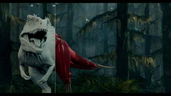 Jurassic World Dominion'dan bir Tyrannosaurus Rex'in görsel efekt tasarım görüntüsü.