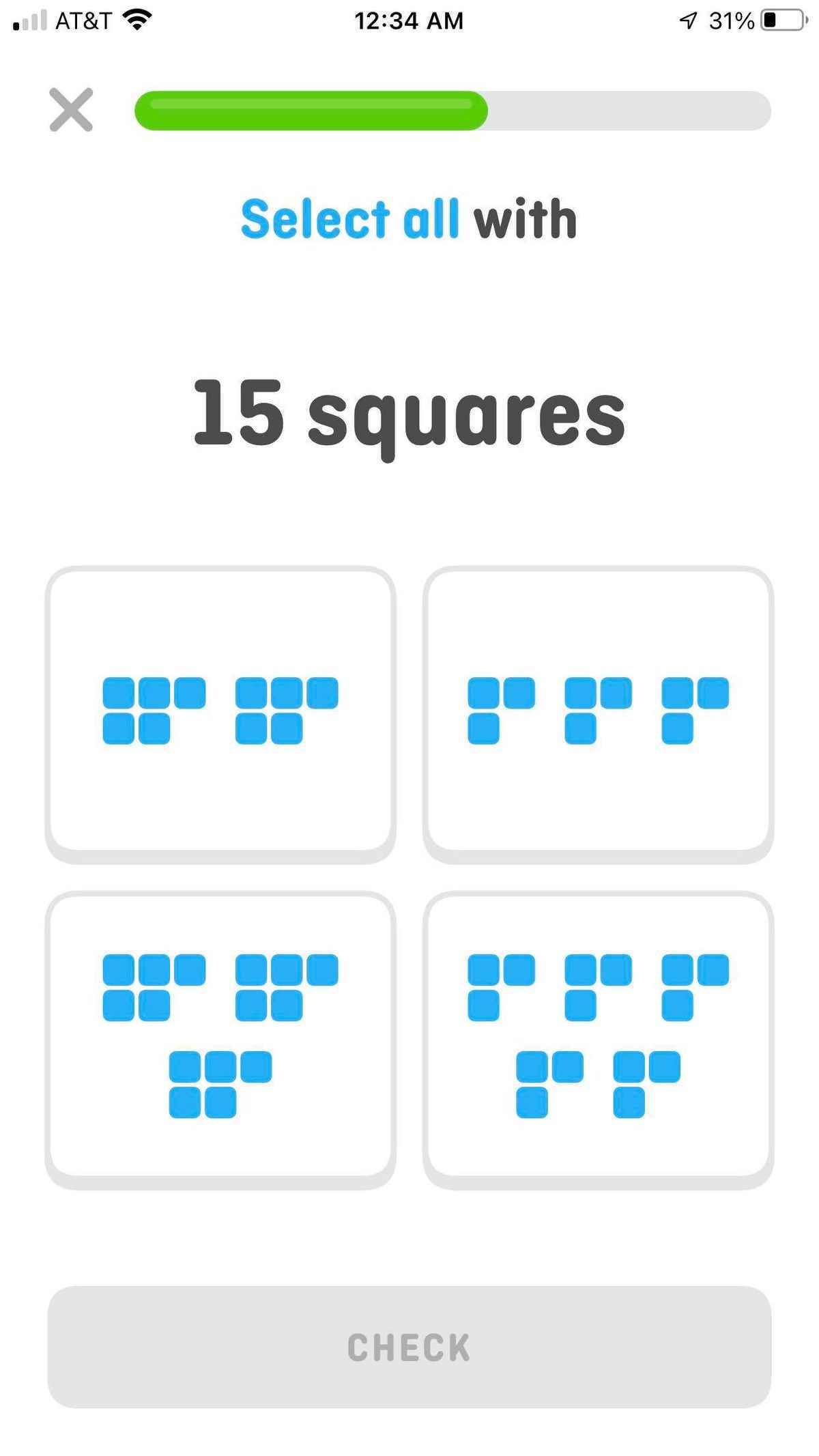 Duolingo Math'da bir alıştırmanın ekran görüntüsü.  Metin okur: 15 kare ile tümünü seçin.