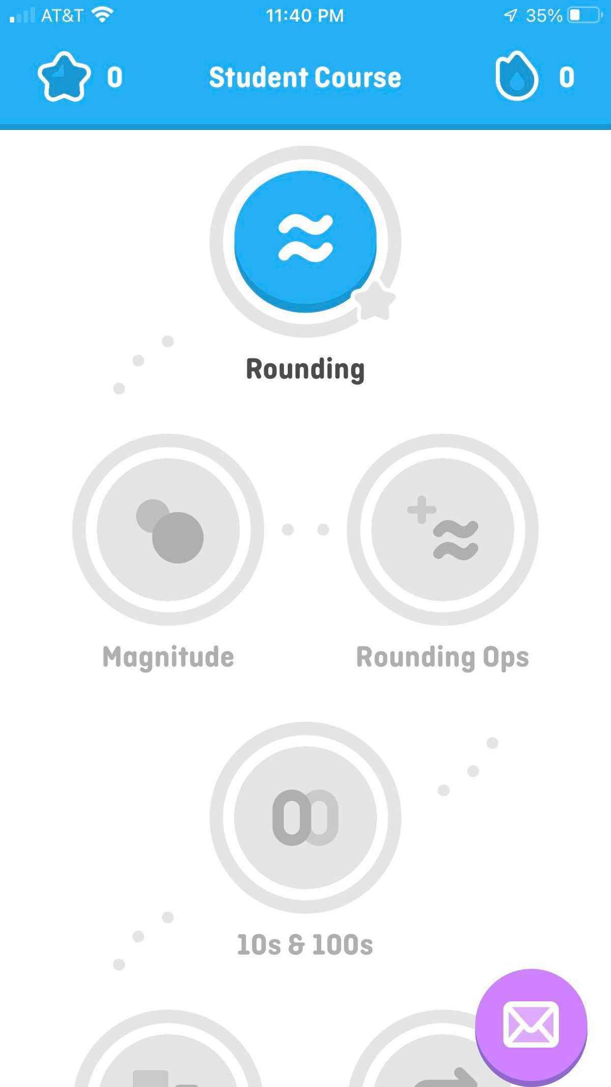 Rounding, Magntiude, Rounding Ops ve 10s derslerini içeren Duolingo Math'ın ekran görüntüsü.