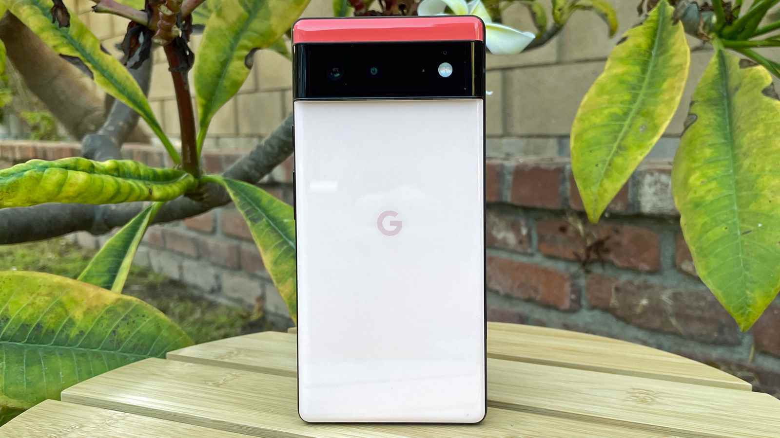 Kameradan uzağa bakan Google Pixel 6, bir masanın üzerinde ayağa kalktı.