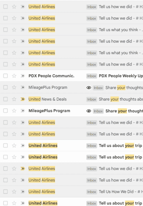 United Airlines'tan müşteri geri bildirimi isteyen e-postaların listesi