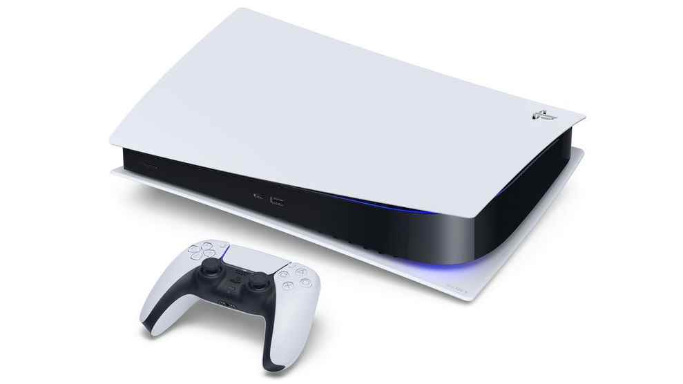 Beyaz bir arka planda yatan bir PS5 ve DualSense denetleyicisi