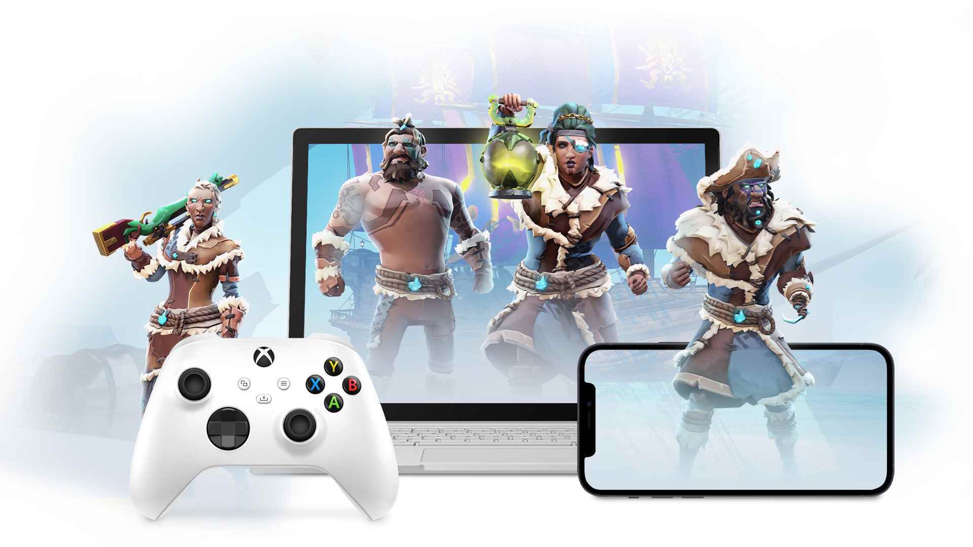 Xbox Bulut Oyun aracılığıyla Sea of ​​Thieves çalıştıran bir dizüstü bilgisayar, tablet ve telefon