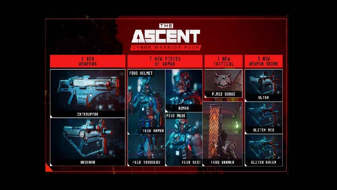 The Ascent için Cyber ​​Warrior Pack'te bulunan tüm öğeleri gösteren resim