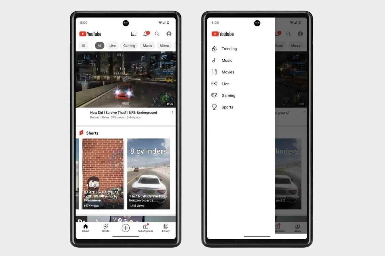 Yeni gezinme çekmecesi iş başında - YouTube, Android kullanıcıları için yeni bir gezinme çekmecesini test ediyor
