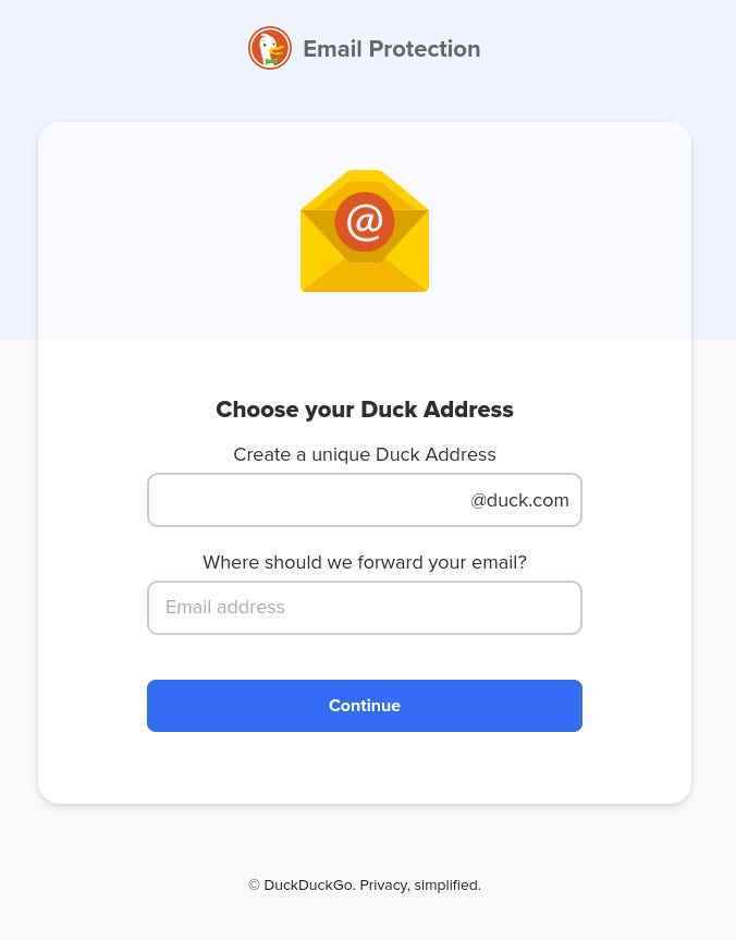 DuckDuckGo e-posta adresi kayıt penceresi.