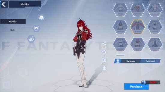Tower of Fantasy karakteri özelleştir: Oyuncunun Kızıl saçlı avatarı, Misyon premium kostümü giyiyor.