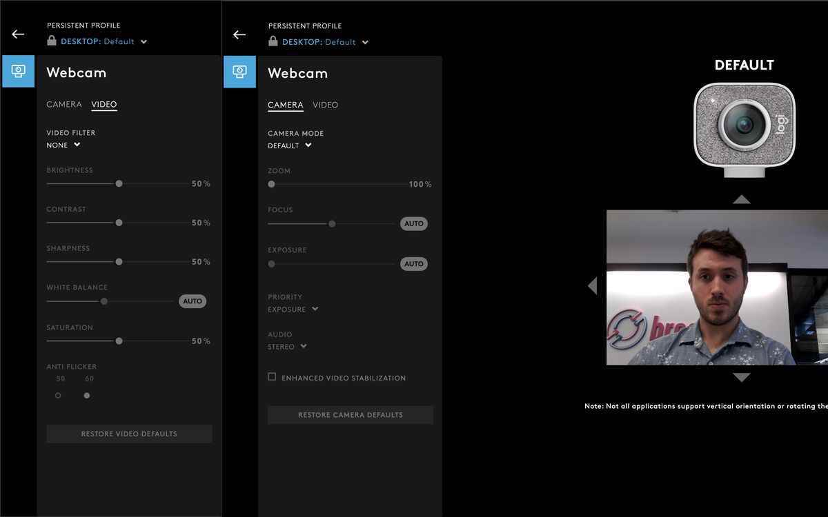 Logitech G Hub'ı ve web kameraları için sunduğu ayarları gösteren iki ekran görüntüsü.