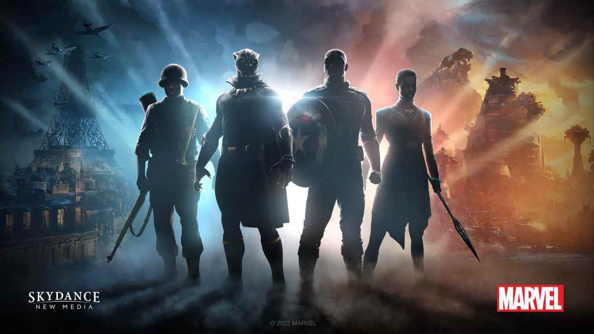 Gabriel Jones, Azzuri, Steve Rogers / Kaptan Amerika ve Nanali'nin silüetleri, solda İkinci Dünya Savaşı dönemi Paris'inin ve sağda Wakanda'nın görüntülerinin önünde duruyor.