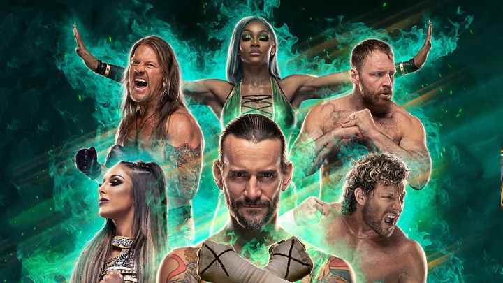 AEW: Fight Forever'ın kapağında Chris Jericho, Jade Cargill, Jon Moxley, Britt Baker, CM Punk ve Kenny Omega.