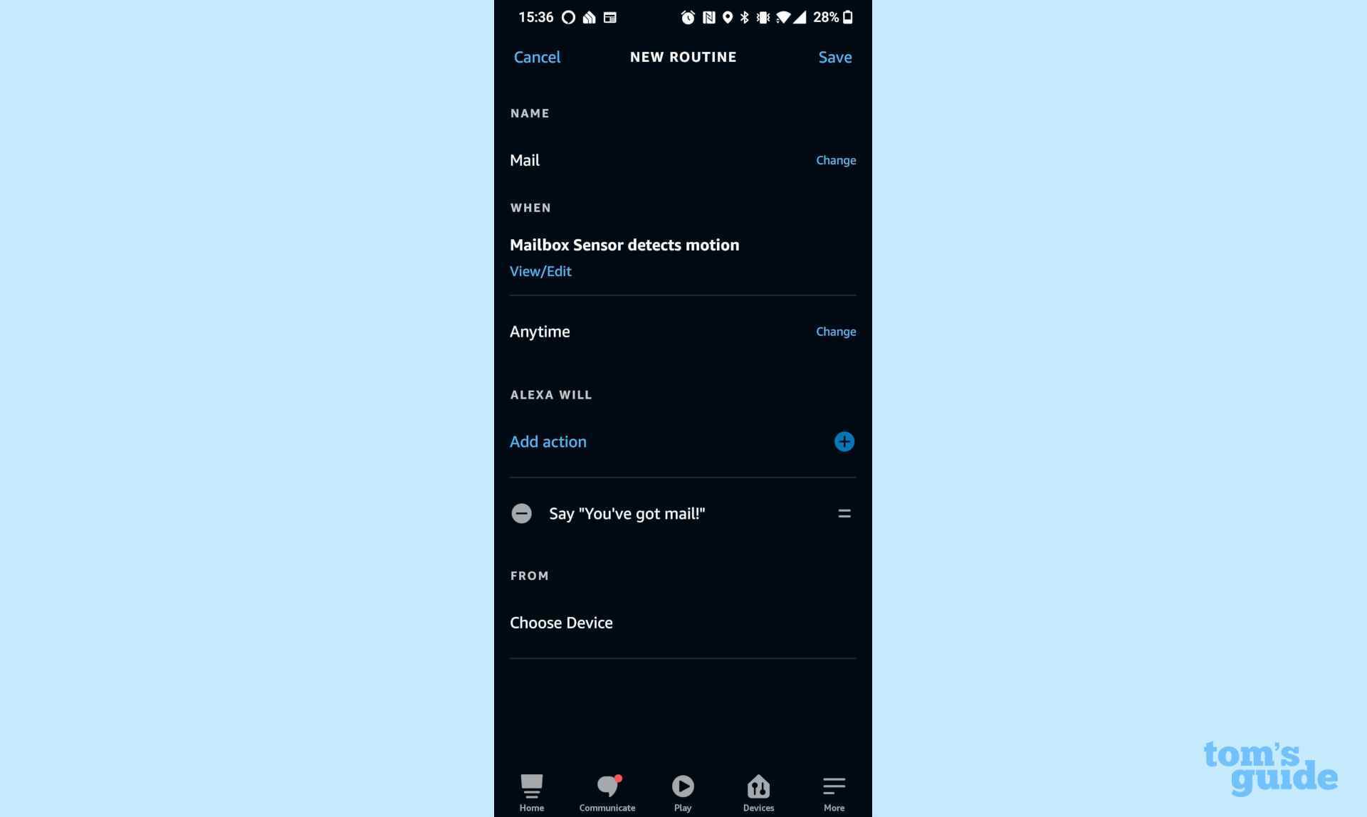 Alexa uygulamasındaki özel bir posta rutininin ekran görüntüsü