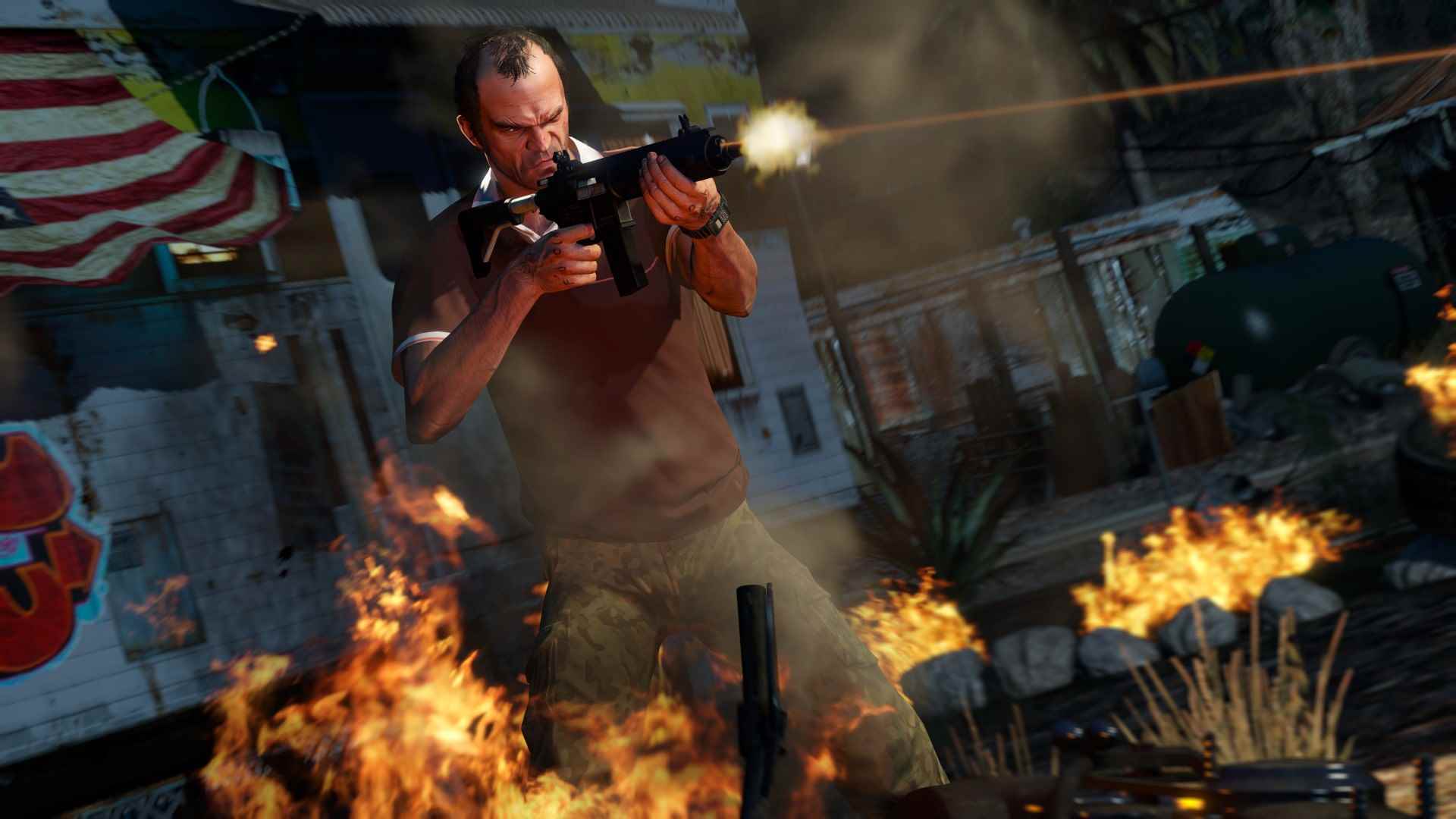 GTA 6, GTA 4 ve Red Dead Redemption 2 gibi olmalı, GTA 5 değil: GTA 5'ten Trevor, bir saldırı tüfeğiyle ateşin içinde duruyor