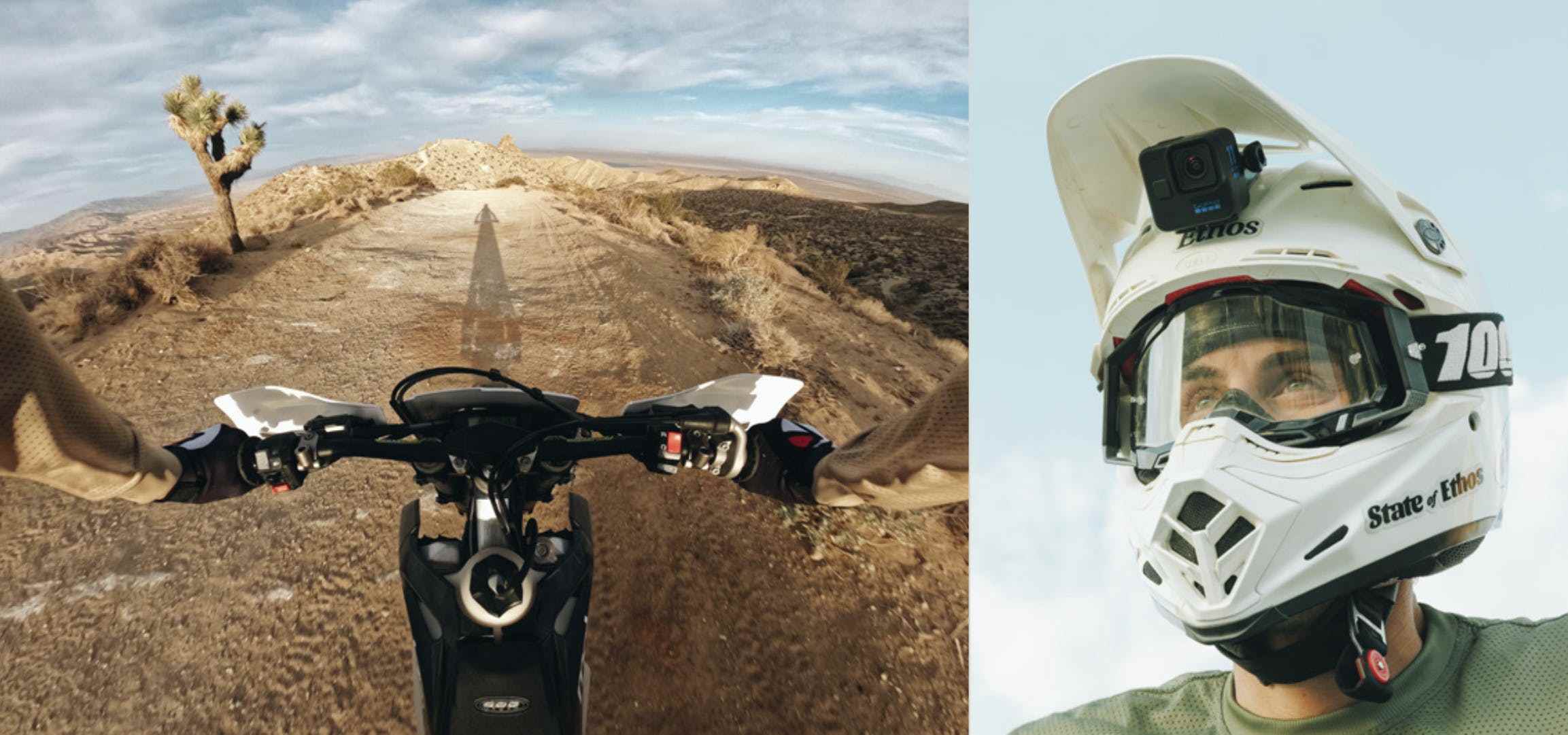 Soldaki bir resim, bir çöl sahnesinde kir bisiklet gidonlarını göstermektedir.  Sağdaki bir resim, vizörün altına bir GoPro Mini monte edilmiş tam yüz kask takan birini göstermektedir.