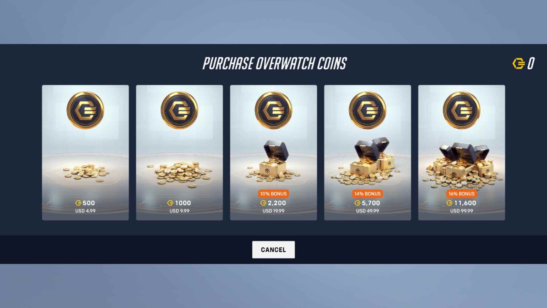 Yeni oyun içi para birimini çeşitli fiyat noktalarında Overwatch Coin satan Overwatch 2 nakit mağazasının ekran görüntüsü