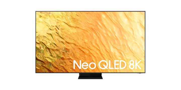 Beyaz bir arka plan üzerinde Samsung 65 inç Sınıf QN800B Neo QLED 8K TV.
