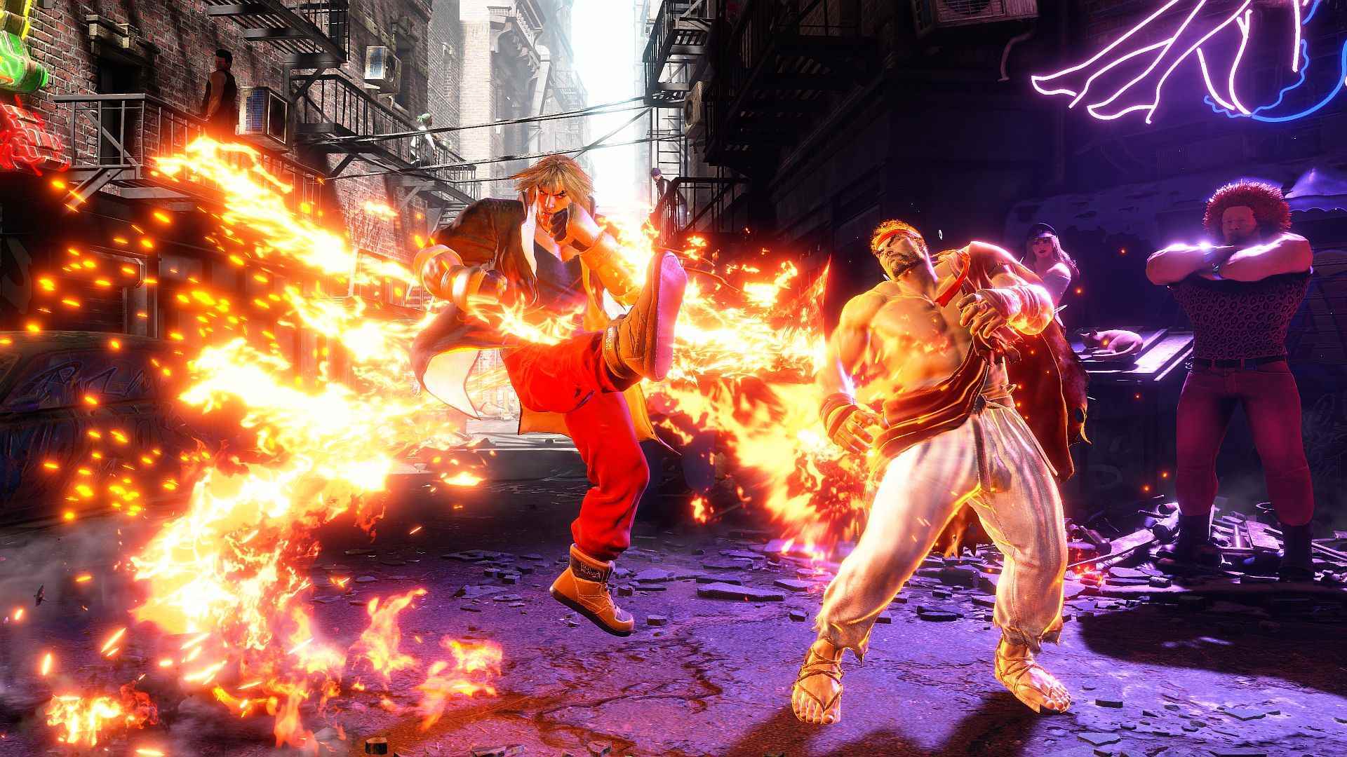 Street Fighter 6 Ken, Ryu ile bir kavganın ortasındadır, Ryu'nun baldırına dönen bir tekme indirirken ayağı alevler içindedir ve onun acıyla yüzünü buruşturmasına neden olur.